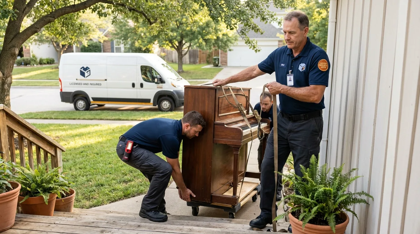 Licensed piano movers securing grand piano in Artesia, NM