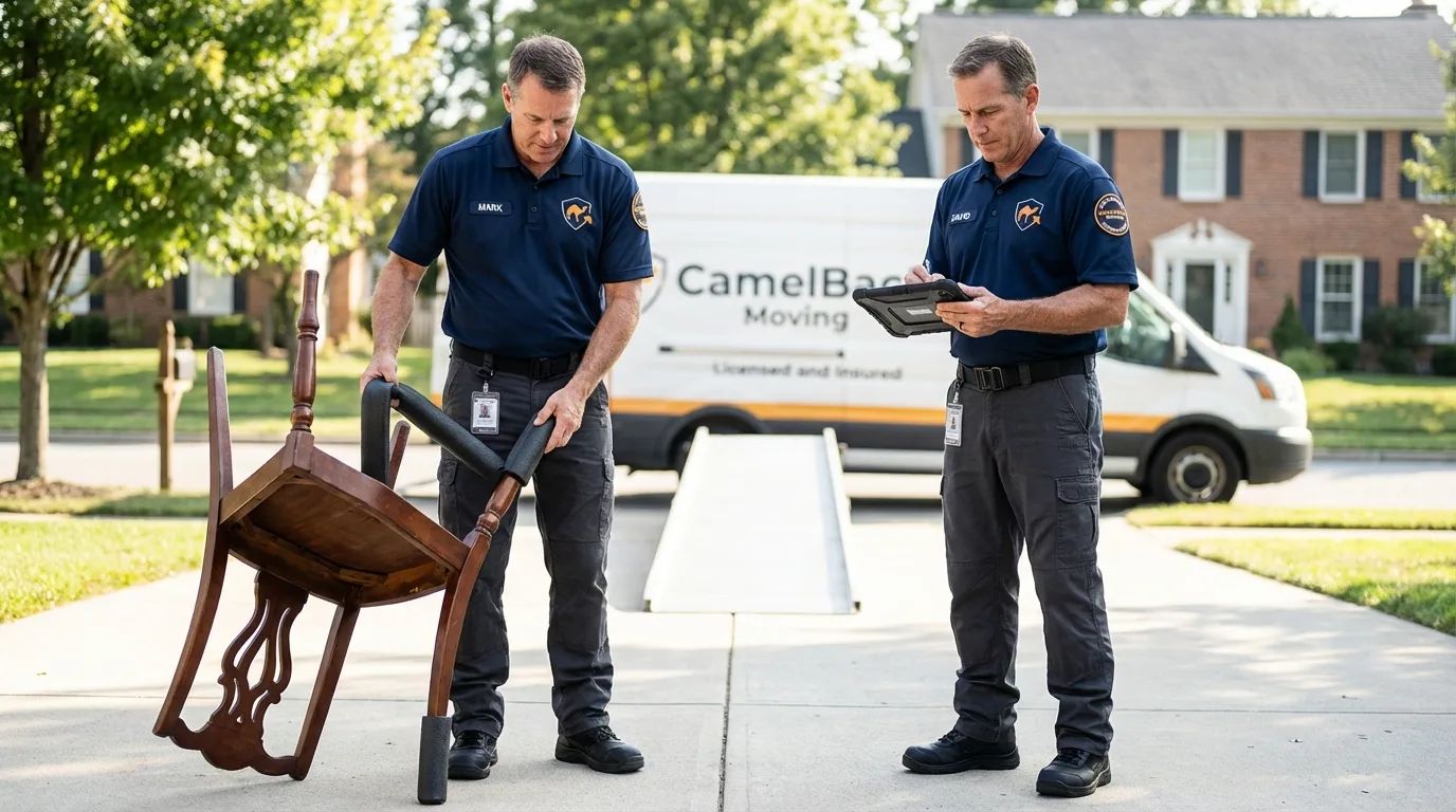 Movers inspecting furniture for damage prevention before loading in Artesia, NM