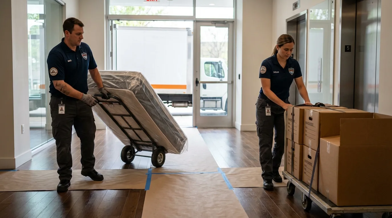 Professional apartment movers loading elevator in Artesia, NM