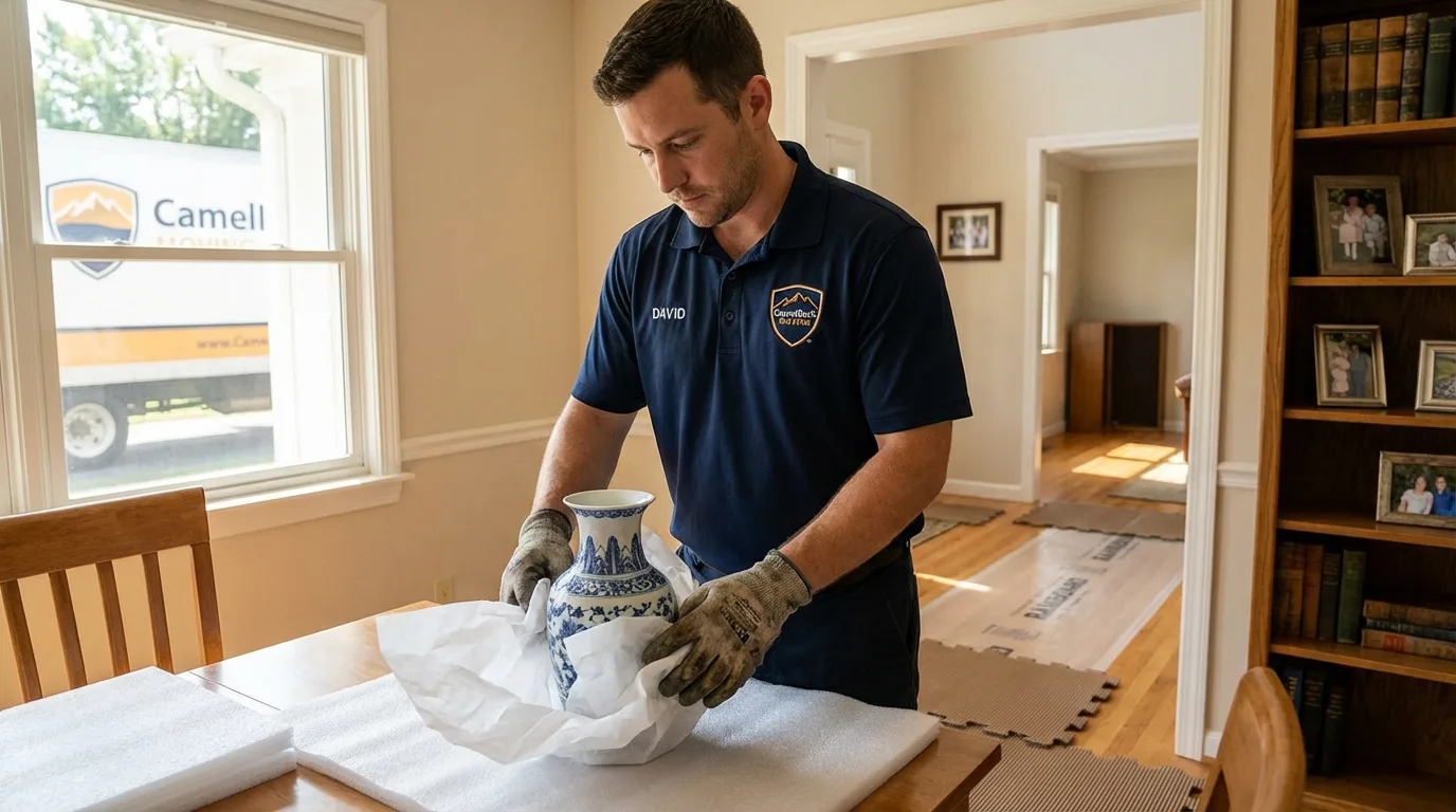 Professional crew carefully wrapping antique vase for senior downsizing move in Artesia, NM